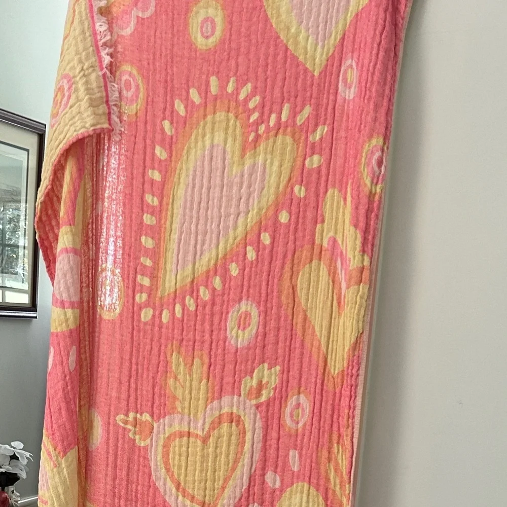 Pink and Yellow Heart Patterned Curtain Set of 2 Organic Cotton Loom Weave NEW